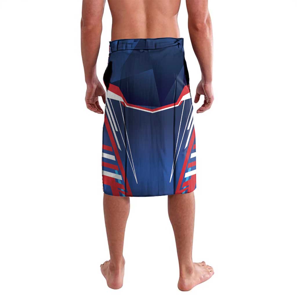 Men's blue rugby board shorts with red and white stripe design, drawstring waist