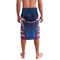 Men's blue rugby board shorts with red and white stripe design, drawstring waist