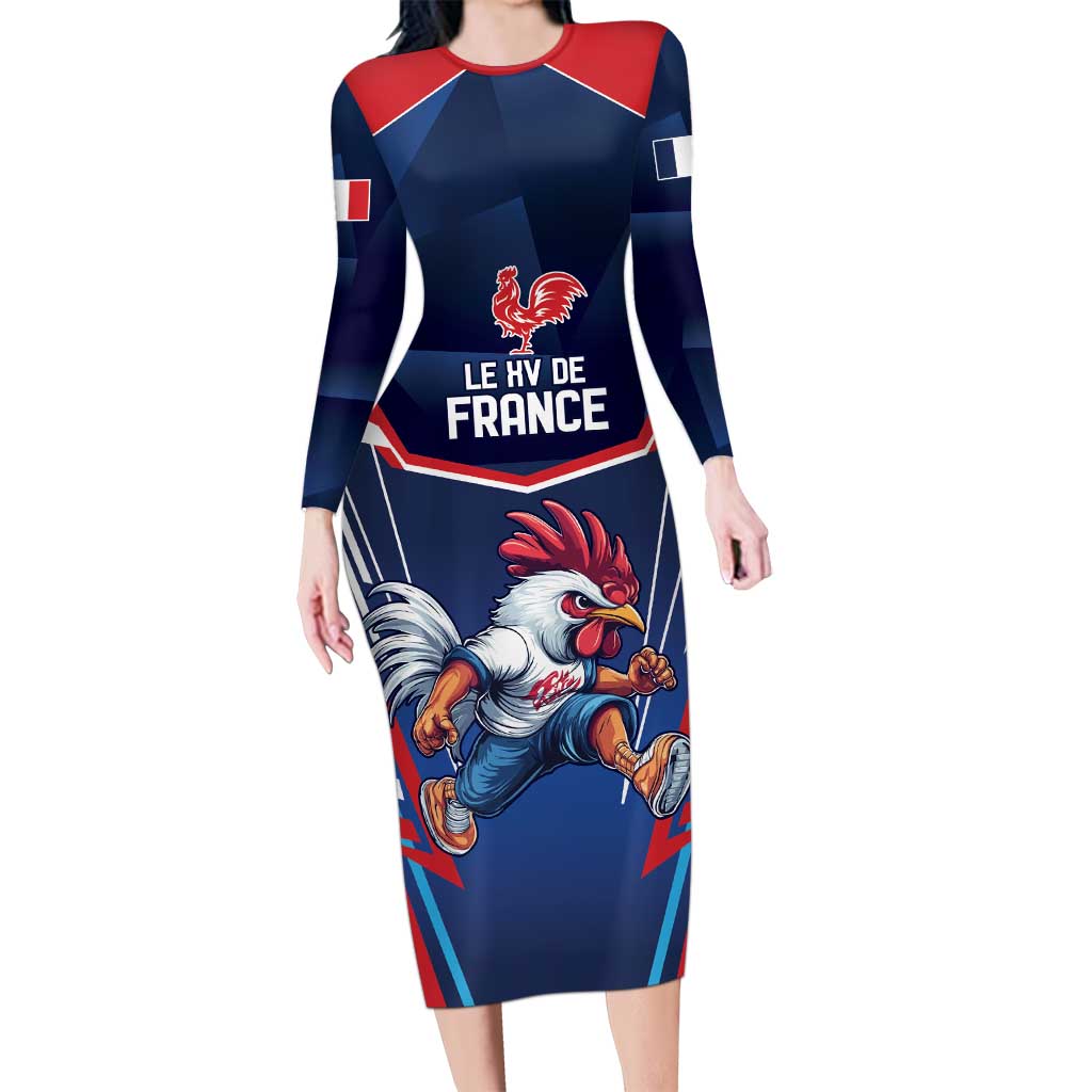 France Rugby Custom Long Sleeve Bodycon Dress Coq Gaulois Never Less Than Everything