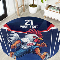 Blue round carpet rug with rooster graphic and '21 YOUR TERT' text