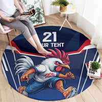 Blue round carpet rug with centered rooster and '21 YOUR TERT' print