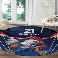 Blue round carpet rug with rooster artwork and '21 YOUR TERT' emblem
