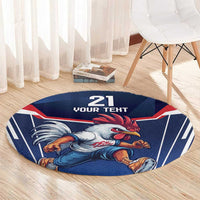 Blue round carpet rug featuring rooster and '21 YOUR TERT' branding