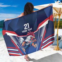 Blue sarong with rooster graphic, red/white/blue stripes, and number 21 text