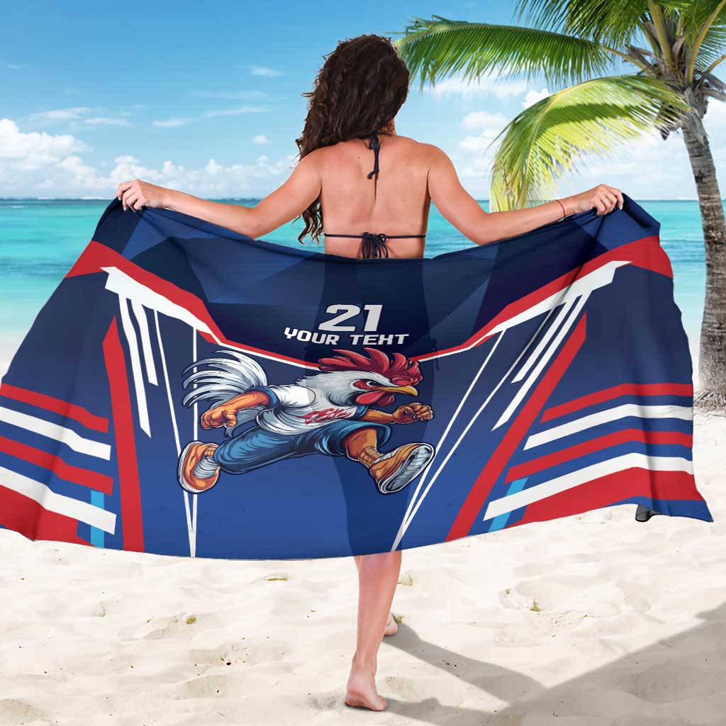 Blue sarong wrap with centered rooster graphic and "21 YOUR TEXT" design