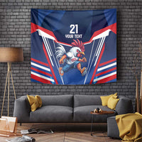 Blue rugby-themed wall tapestry with running rooster and red/white striped V-borders