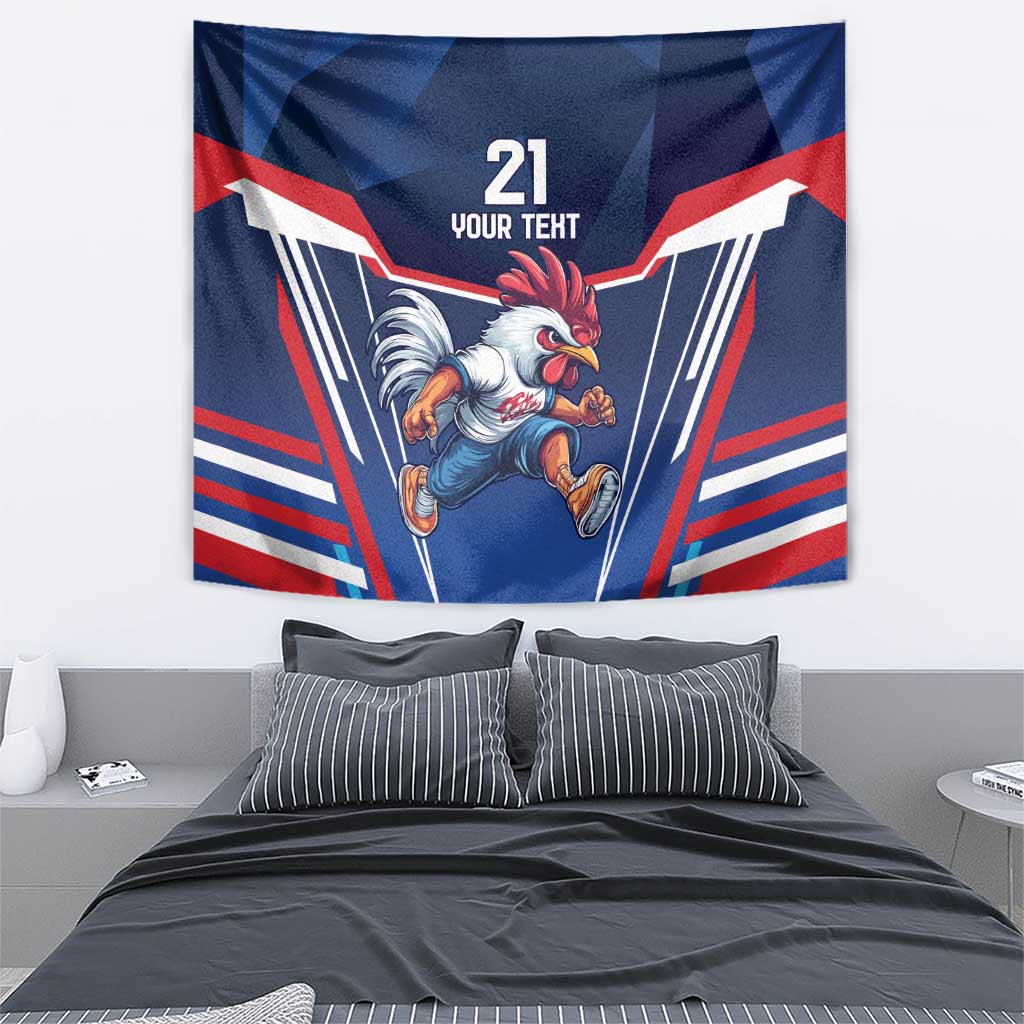 Blue rugby-themed wall tapestry with running rooster graphic and red/white striped wings