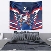 Blue rugby-themed wall tapestry with running rooster graphic and red/white striped wings
