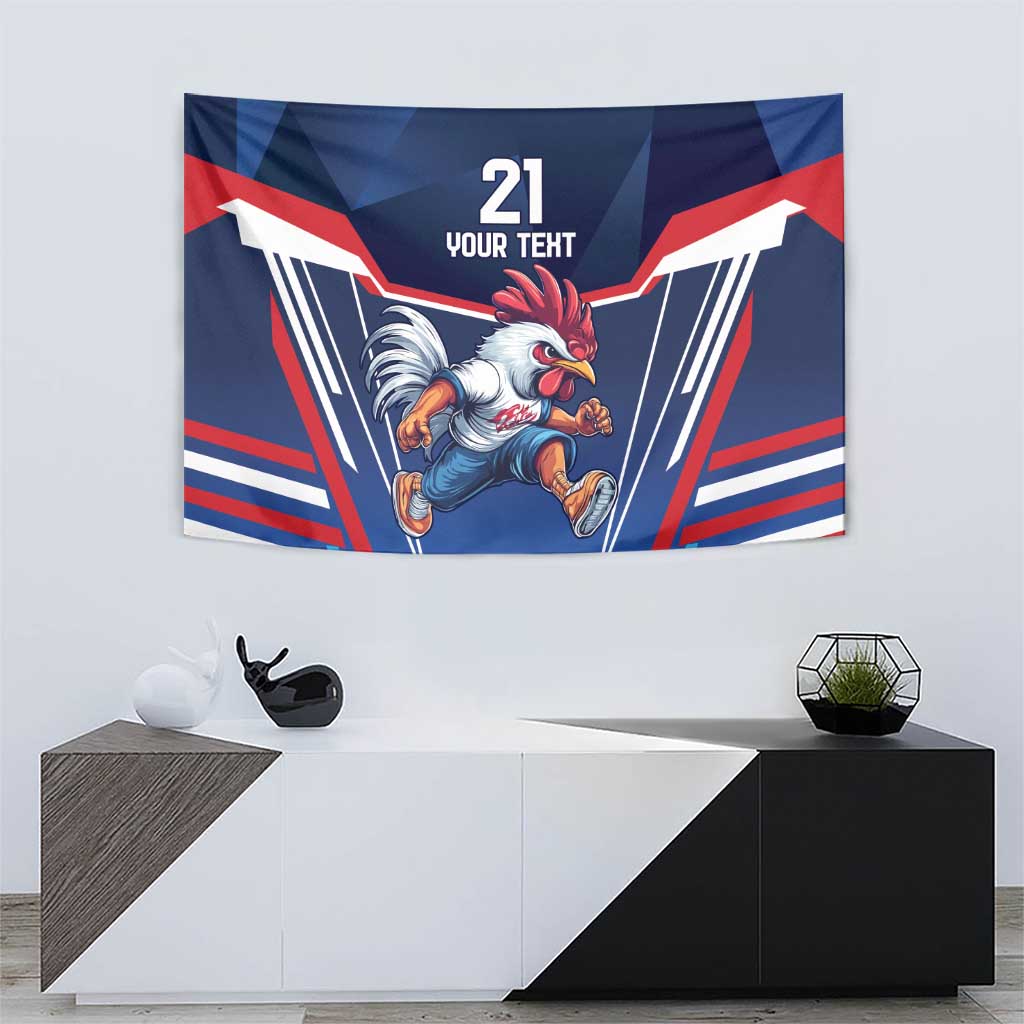 Blue rugby-themed tapestry hanging on wall, rooster graphic with '21' and 'YOUR TEHT' text