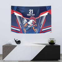 Blue rugby-themed tapestry hanging on wall, rooster graphic with '21' and 'YOUR TEHT' text