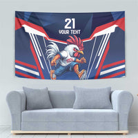 Blue rugby-themed wall tapestry with rooster illustration and bold red/white framing lines