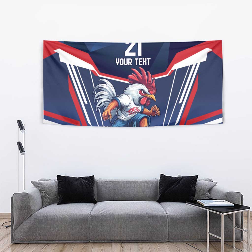 Blue rugby-themed wall tapestry close view: rooster artwork with '21' and 'YOUR TEHT' text