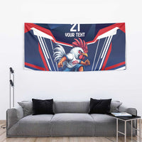 Blue rugby-themed wall tapestry close view: rooster artwork with '21' and 'YOUR TEHT' text