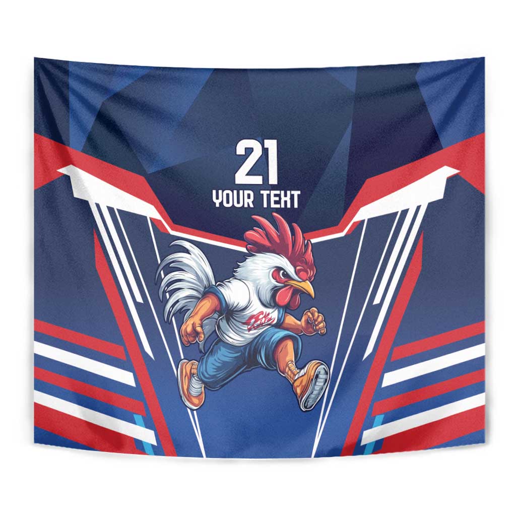 Blue rugby-themed tapestry featuring a rooster graphic with red, white, and dark blue stripes