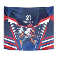 Blue rugby-themed tapestry featuring a rooster graphic with red, white, and dark blue stripes
