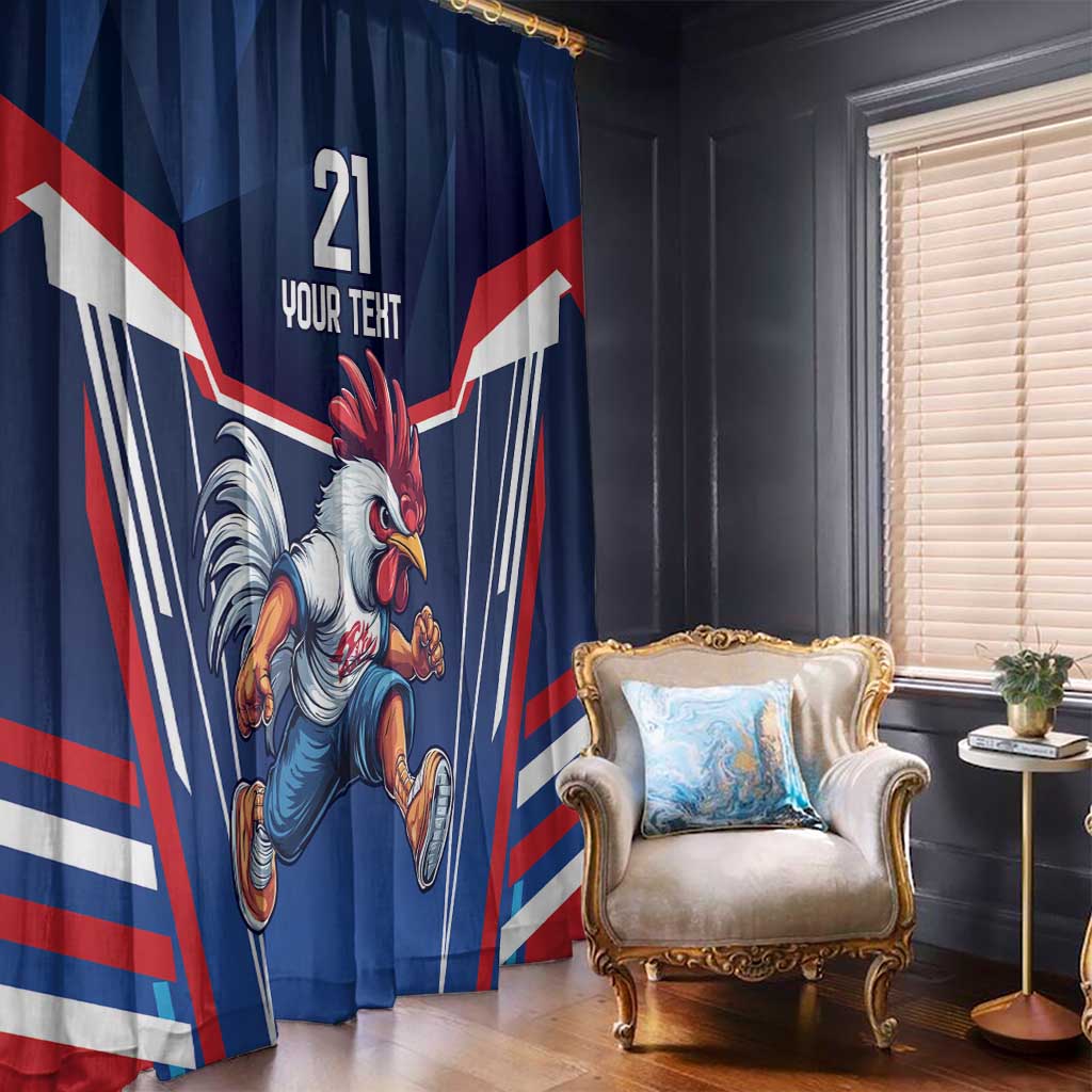 Blue curtain with rooster artwork and patriotic flag design, draped beside a window.