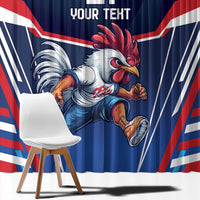 Blue curtain panel with large rooster illustration and patriotic flag stripes.