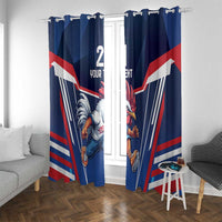 Blue curtain panels with rooster and patriotic flag print, hung with metal grommets.