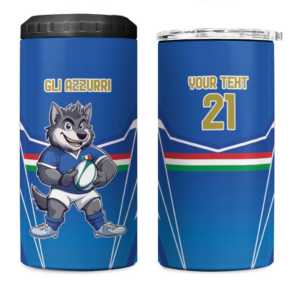 Italy Rugby Custom 4 in 1 Can Cooler Tumbler Italian Wolf Mascot Go Gli Azzurri