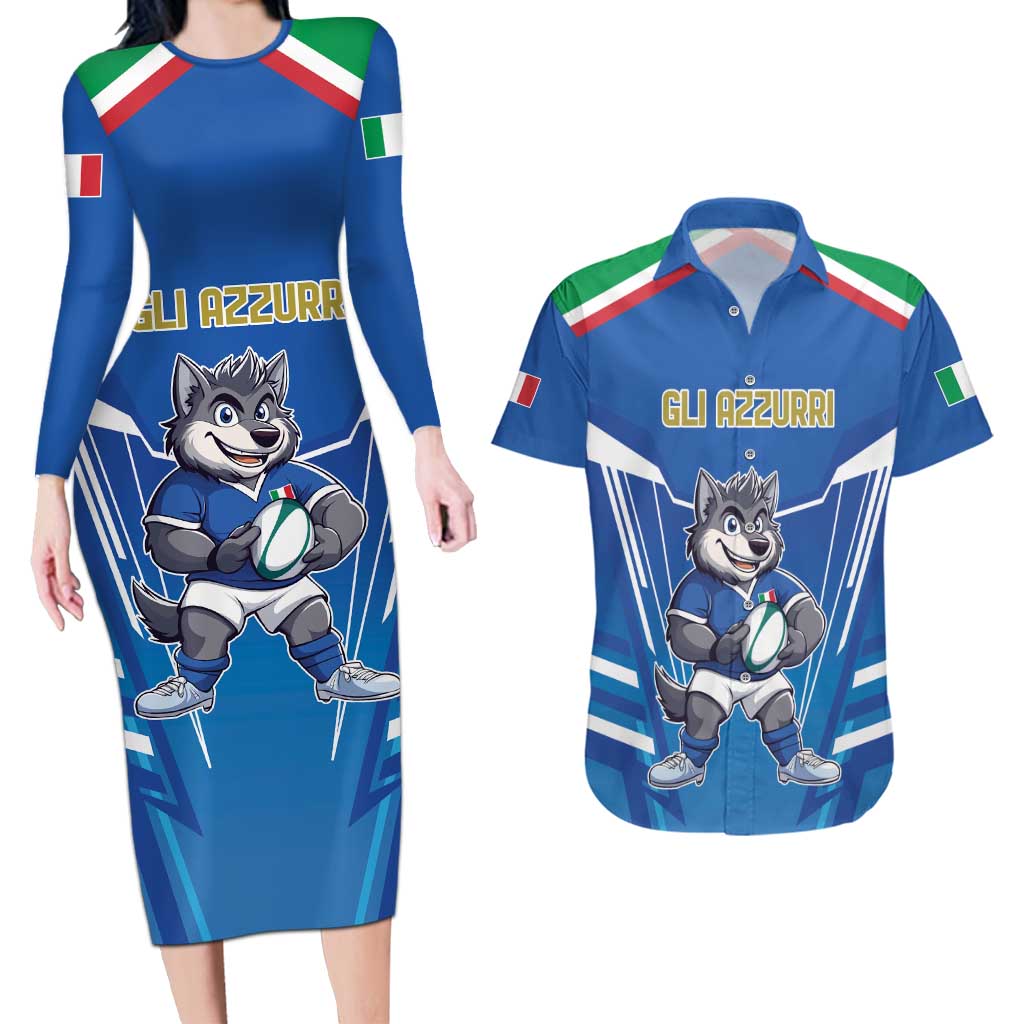 Italy Rugby Custom Couples Matching Long Sleeve Bodycon Dress and Hawaiian Shirt Italian Wolf Mascot Go Gli Azzurri