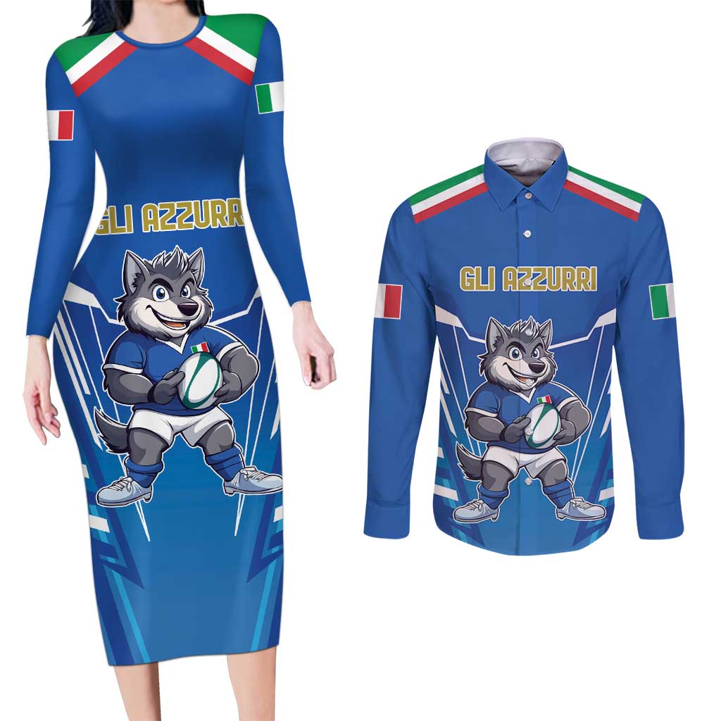 Italy Rugby Custom Couples Matching Long Sleeve Bodycon Dress and Long Sleeve Button Shirt Italian Wolf Mascot Go Gli Azzurri