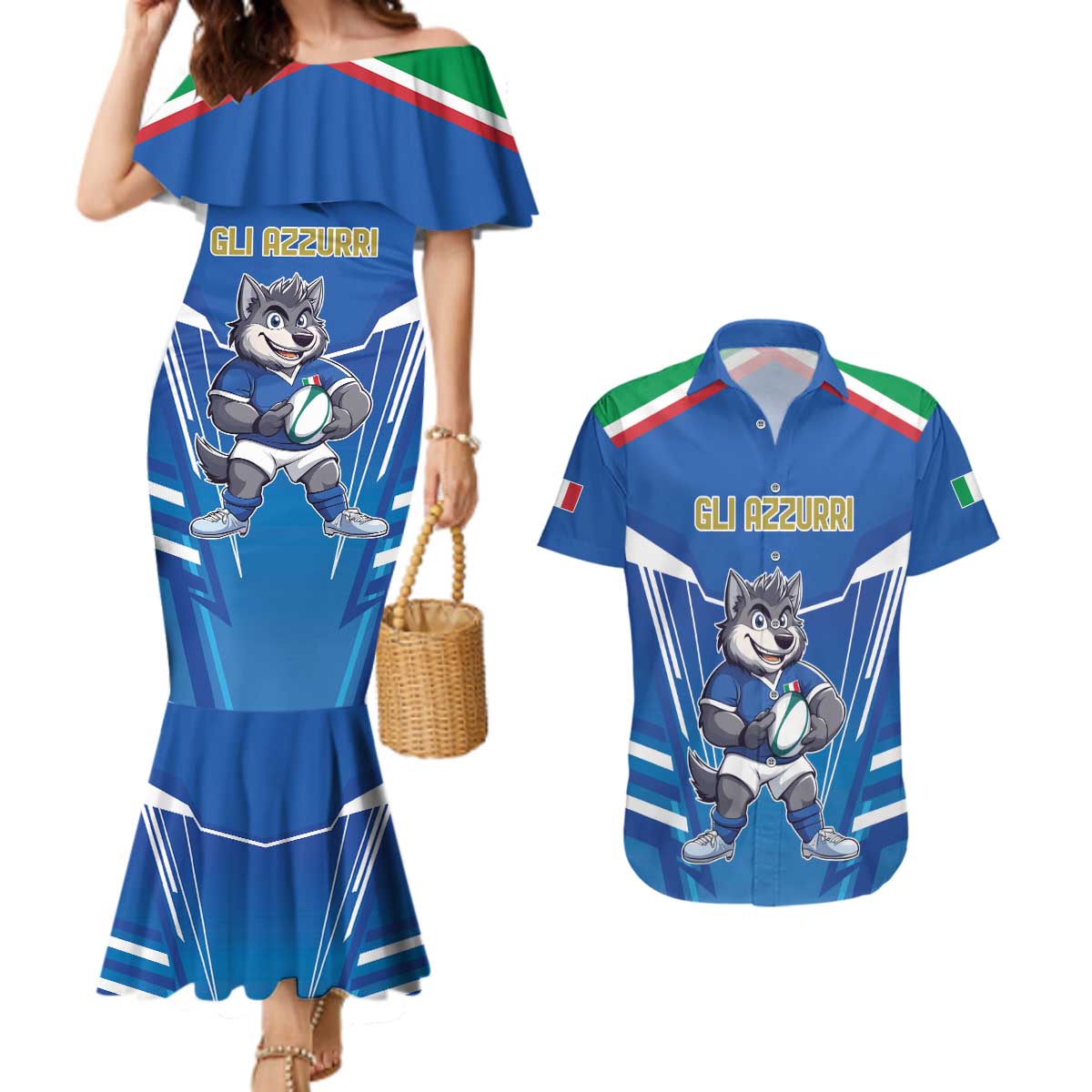 Italy Rugby Custom Couples Matching Mermaid Dress and Hawaiian Shirt Italian Wolf Mascot Go Gli Azzurri