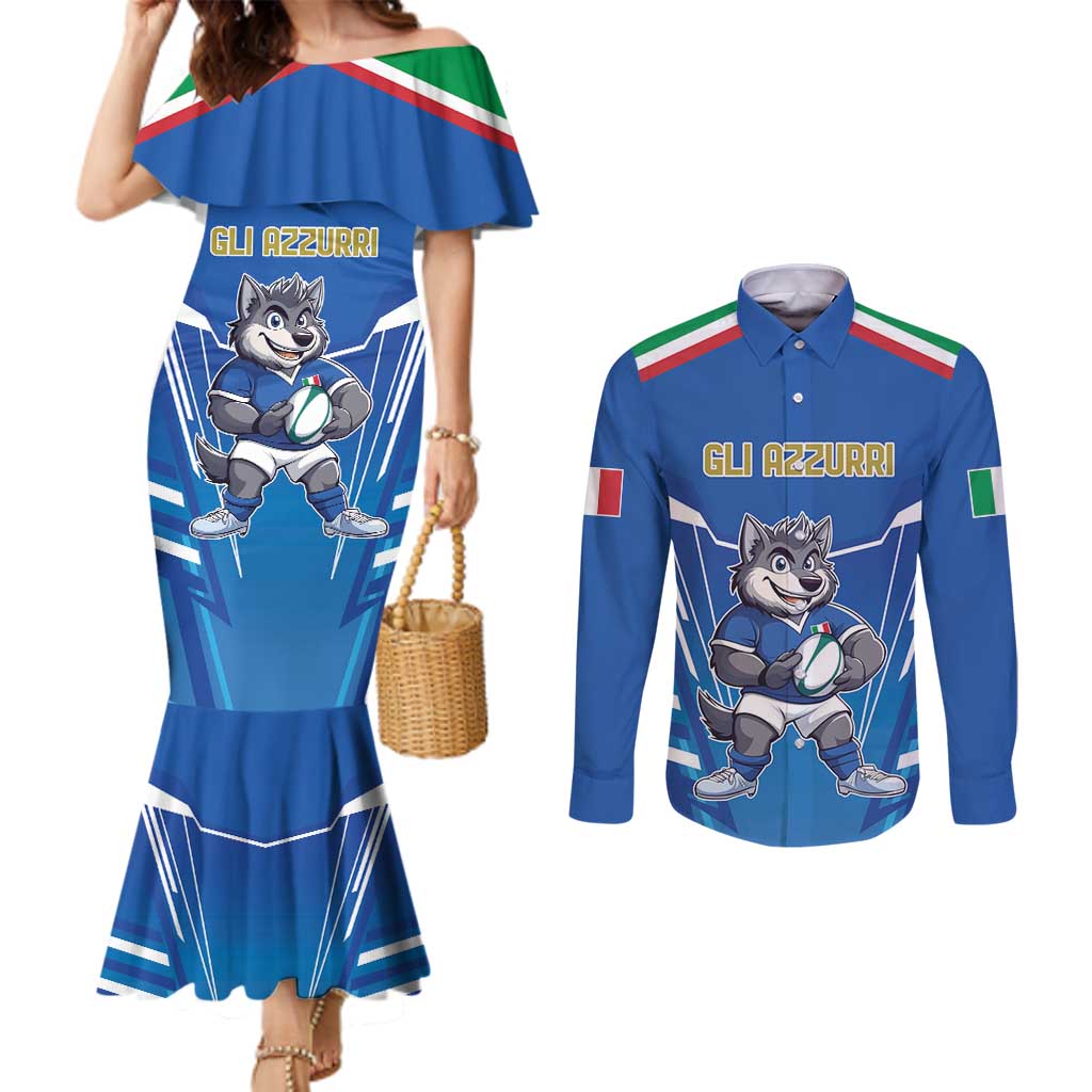 Italy Rugby Custom Couples Matching Mermaid Dress and Long Sleeve Button Shirt Italian Wolf Mascot Go Gli Azzurri