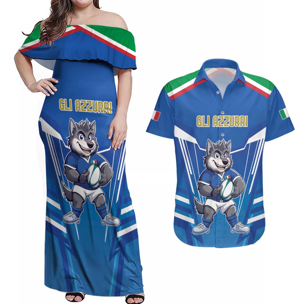 Italy Rugby Custom Couples Matching Off Shoulder Maxi Dress and Hawaiian Shirt Italian Wolf Mascot Go Gli Azzurri