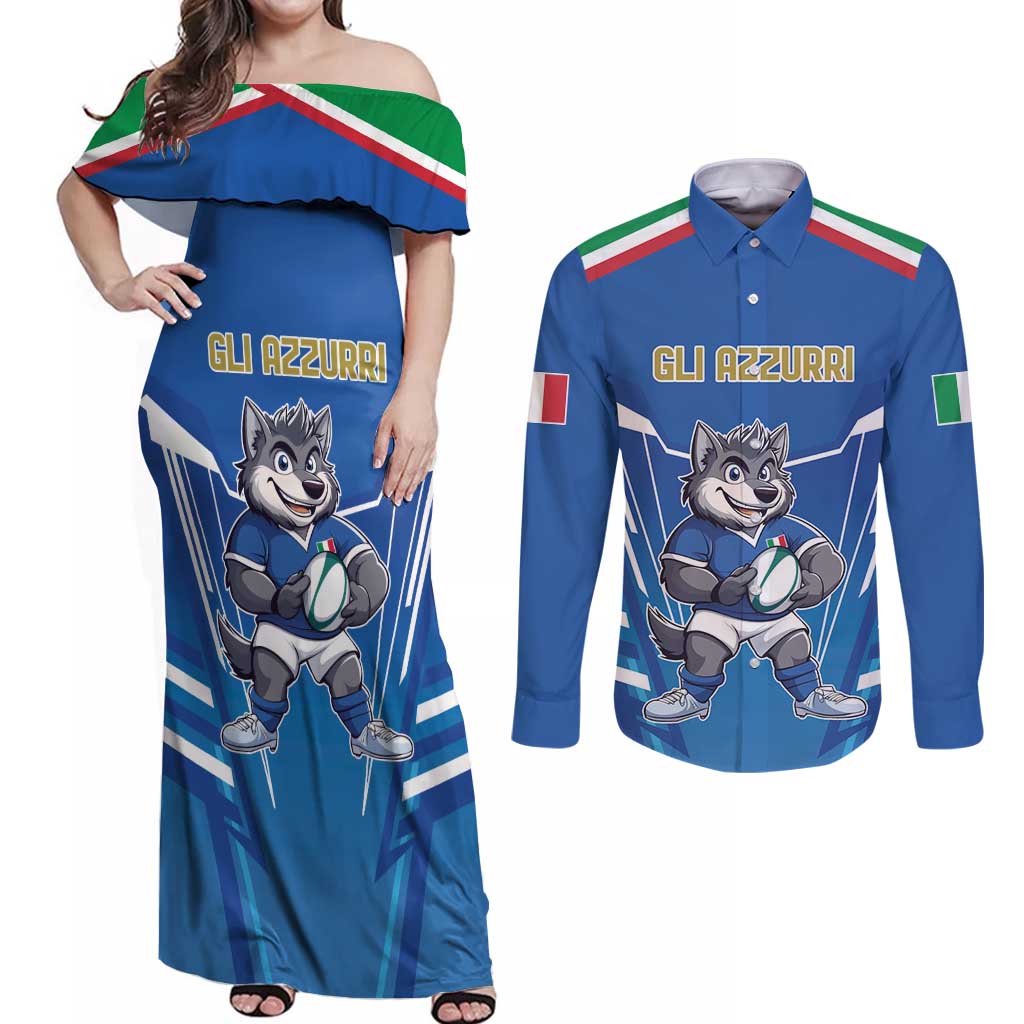 Italy Rugby Custom Couples Matching Off Shoulder Maxi Dress and Long Sleeve Button Shirt Italian Wolf Mascot Go Gli Azzurri