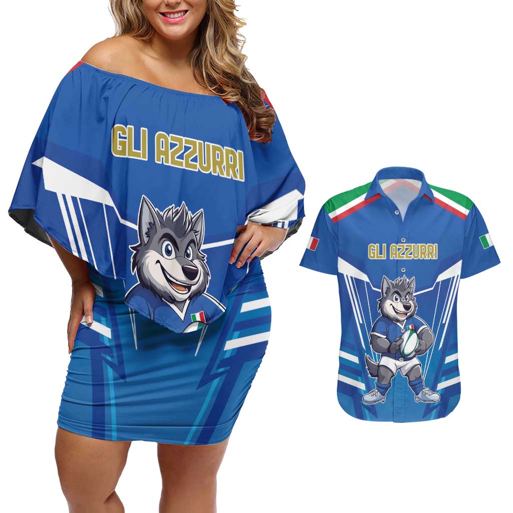 Italy Rugby Custom Couples Matching Off Shoulder Short Dress and Hawaiian Shirt Italian Wolf Mascot Go Gli Azzurri