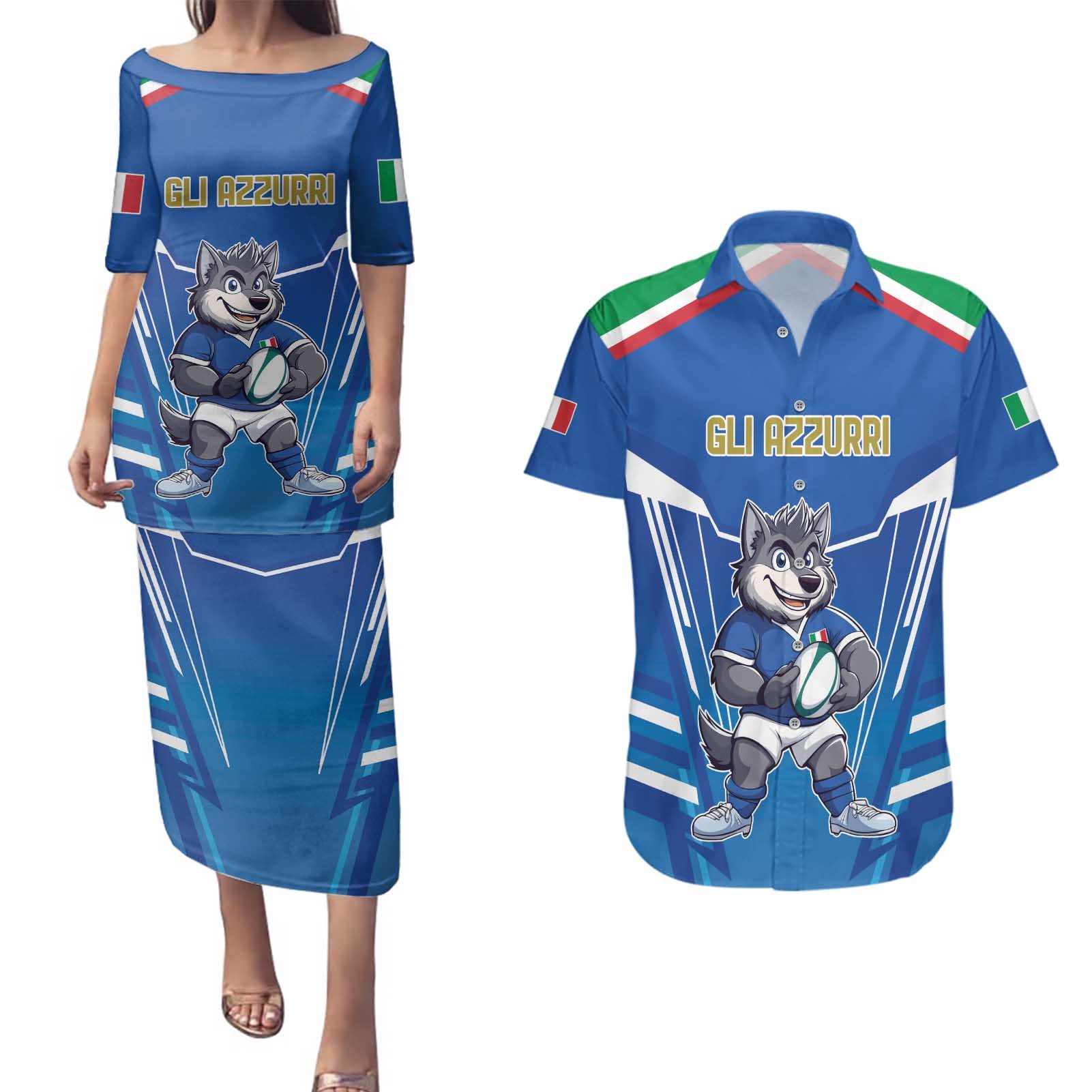 Italy Rugby Custom Couples Matching Puletasi and Hawaiian Shirt Italian Wolf Mascot Go Gli Azzurri