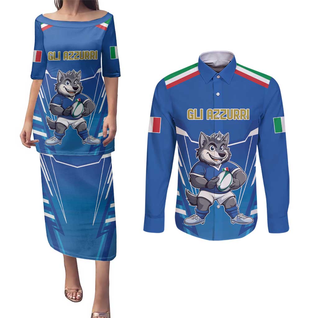 Italy Rugby Custom Couples Matching Puletasi and Long Sleeve Button Shirt Italian Wolf Mascot Go Gli Azzurri