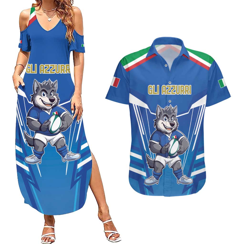 Italy Rugby Custom Couples Matching Summer Maxi Dress and Hawaiian Shirt Italian Wolf Mascot Go Gli Azzurri