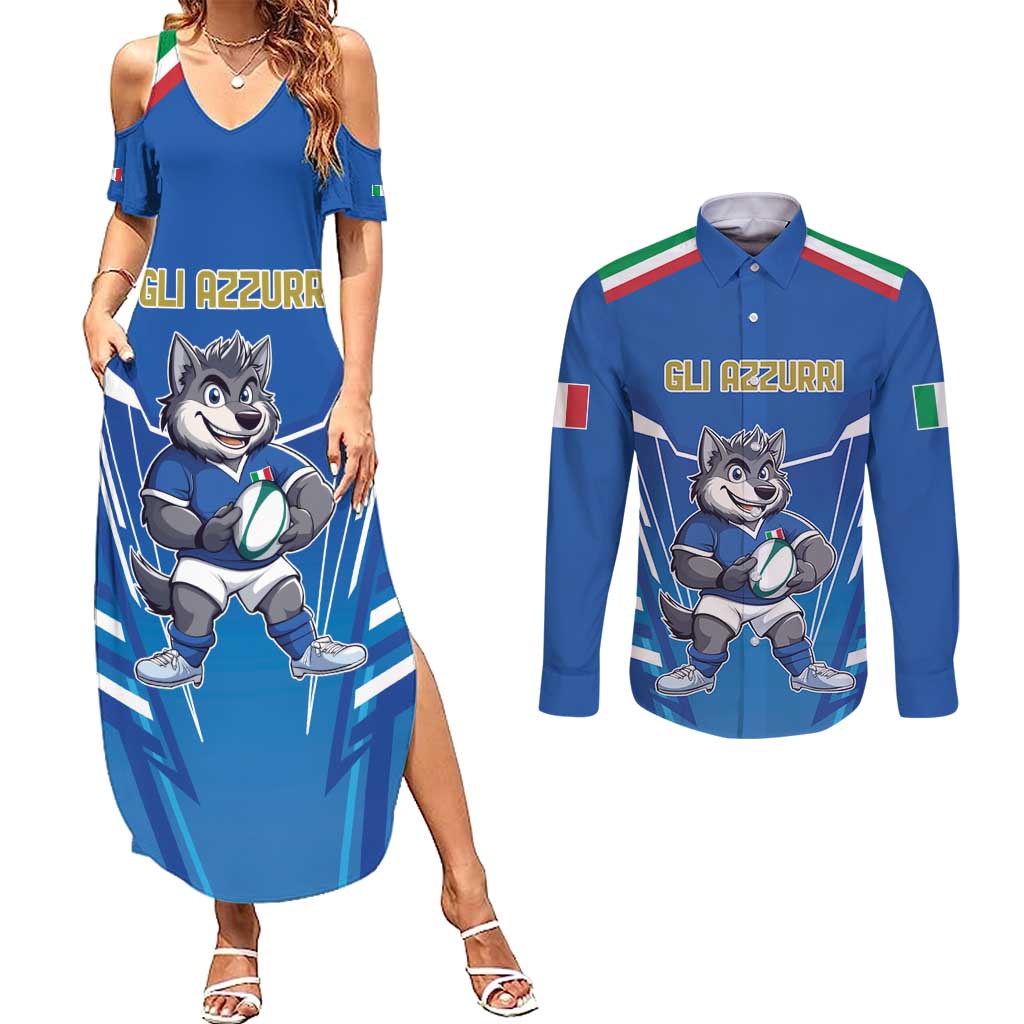 Italy Rugby Custom Couples Matching Summer Maxi Dress and Long Sleeve Button Shirt Italian Wolf Mascot Go Gli Azzurri