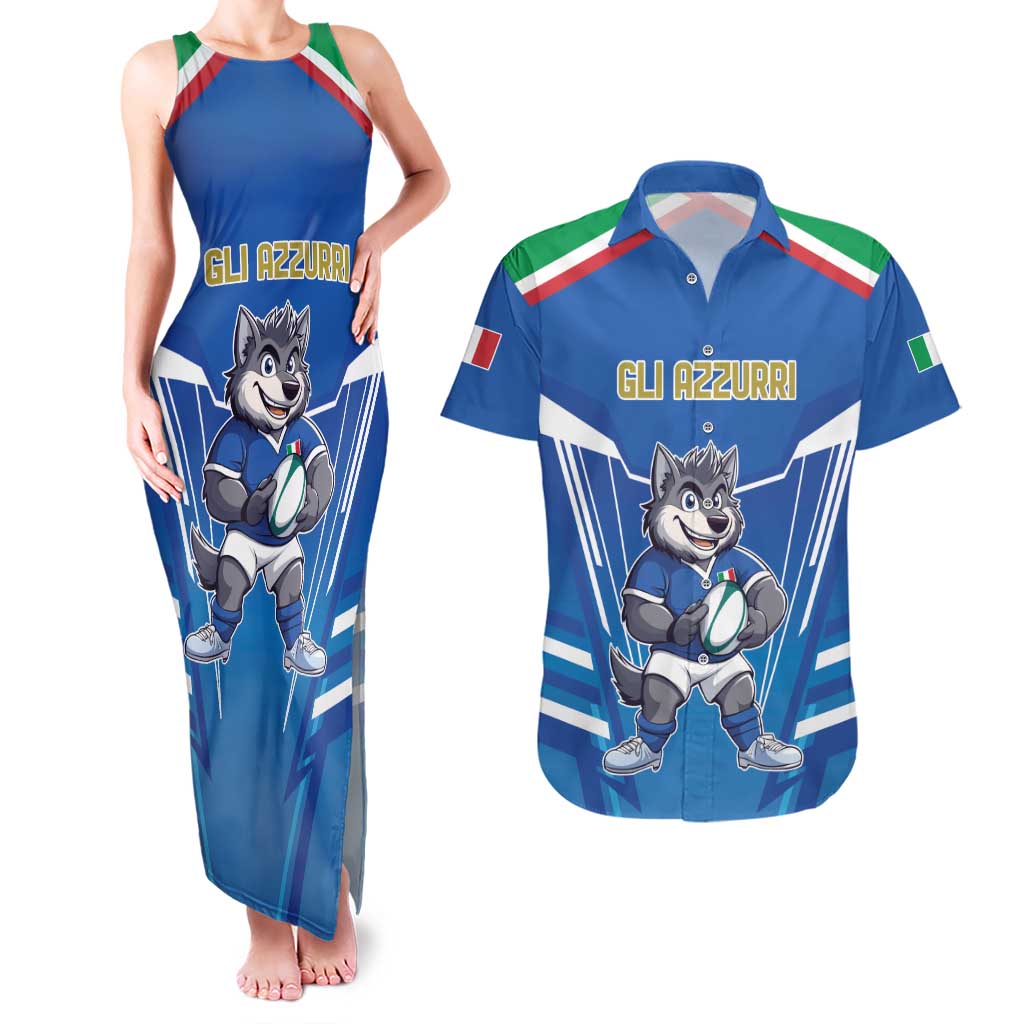 Italy Rugby Custom Couples Matching Tank Maxi Dress and Hawaiian Shirt Italian Wolf Mascot Go Gli Azzurri