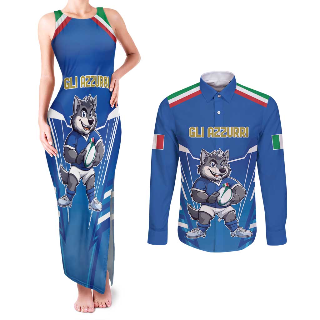 Italy Rugby Custom Couples Matching Tank Maxi Dress and Long Sleeve Button Shirt Italian Wolf Mascot Go Gli Azzurri