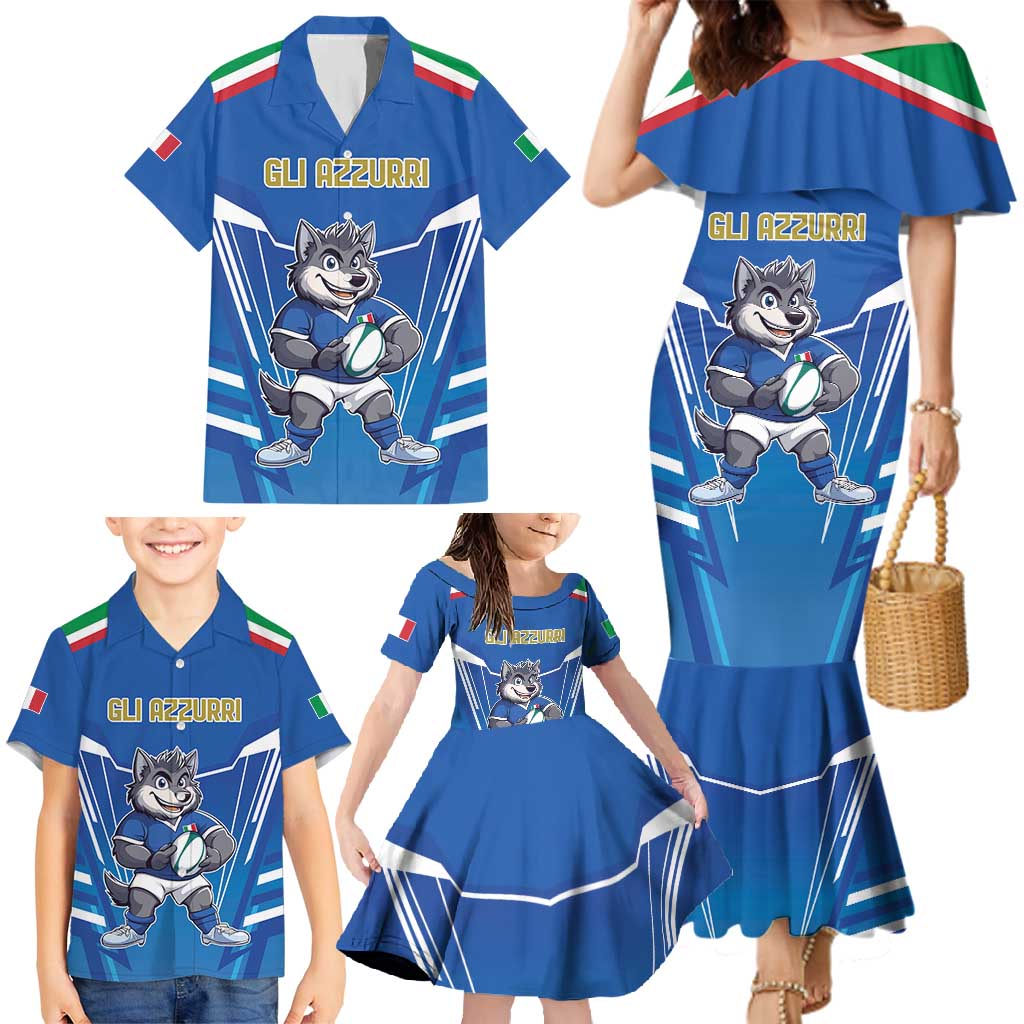 Italy Rugby Custom Family Matching Mermaid Dress and Hawaiian Shirt Italian Wolf Mascot Go Gli Azzurri