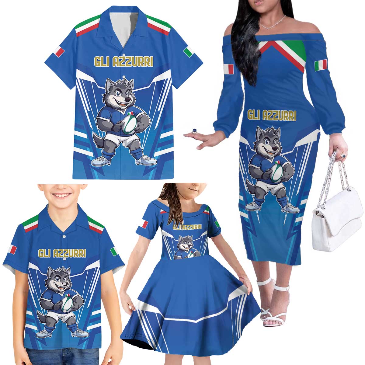 Italy Rugby Custom Family Matching Off The Shoulder Long Sleeve Dress and Hawaiian Shirt Italian Wolf Mascot Go Gli Azzurri