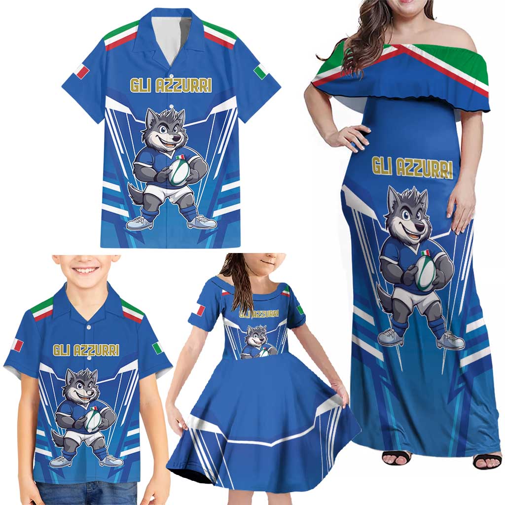 Italy Rugby Custom Family Matching Off Shoulder Maxi Dress and Hawaiian Shirt Italian Wolf Mascot Go Gli Azzurri