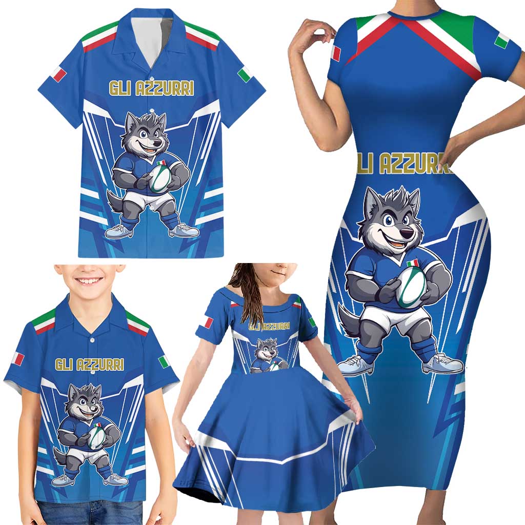 Italy Rugby Custom Family Matching Short Sleeve Bodycon Dress and Hawaiian Shirt Italian Wolf Mascot Go Gli Azzurri