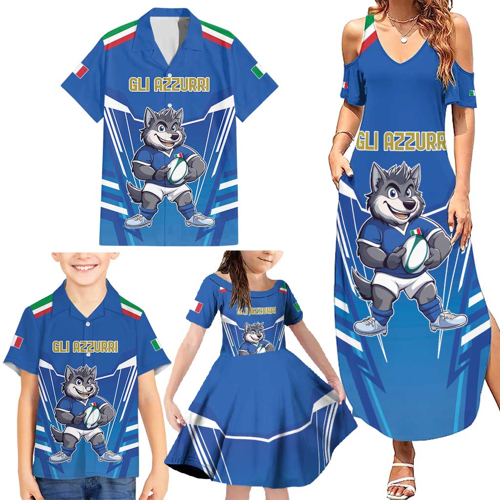 Italy Rugby Custom Family Matching Summer Maxi Dress and Hawaiian Shirt Italian Wolf Mascot Go Gli Azzurri