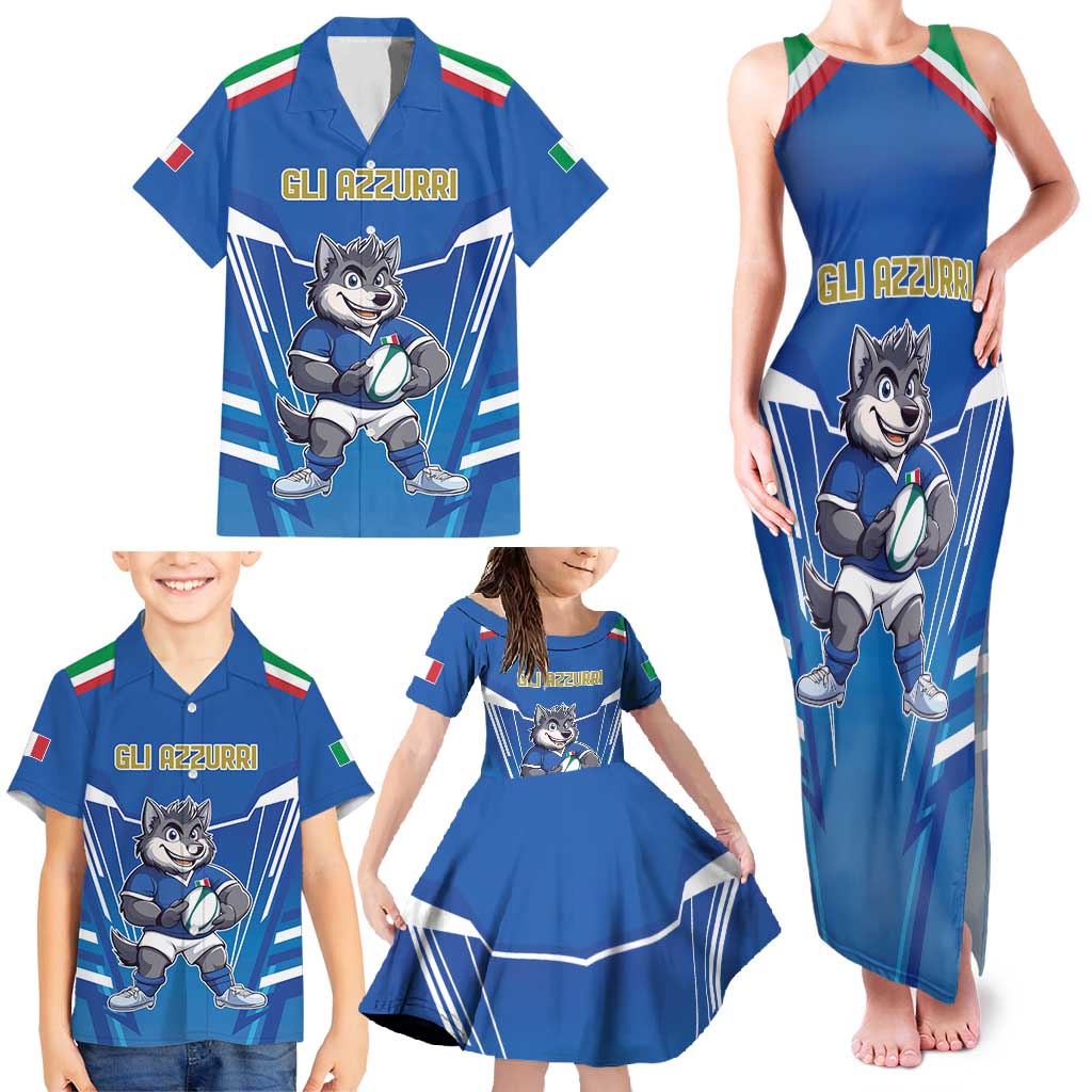 Italy Rugby Custom Family Matching Tank Maxi Dress and Hawaiian Shirt Italian Wolf Mascot Go Gli Azzurri