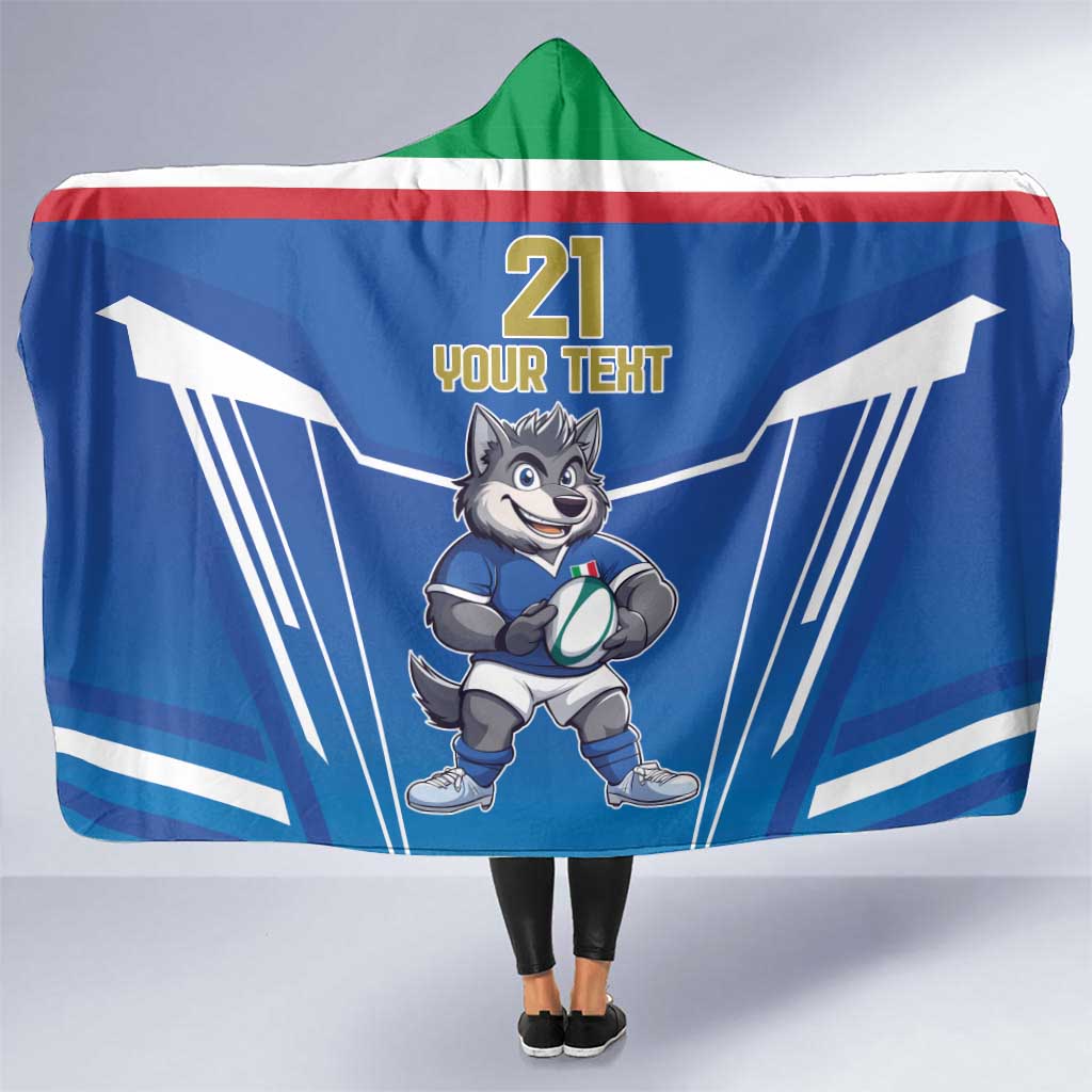 Italy Rugby Custom Hooded Blanket Italian Wolf Mascot Go Gli Azzurri