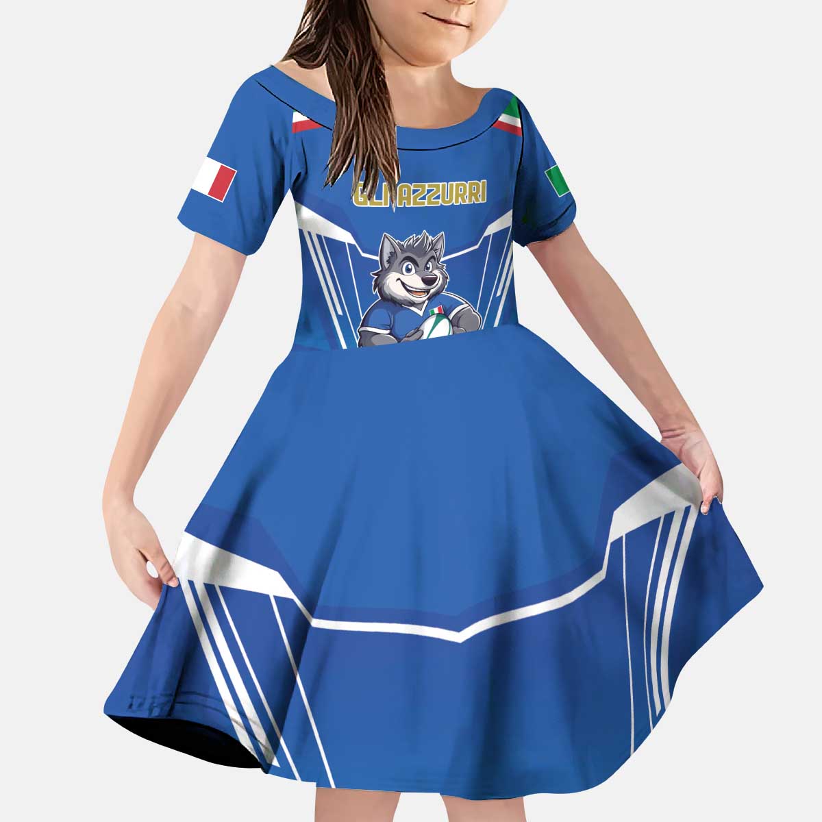 Italy Rugby Custom Kid Short Sleeve Dress Italian Wolf Mascot Go Gli Azzurri