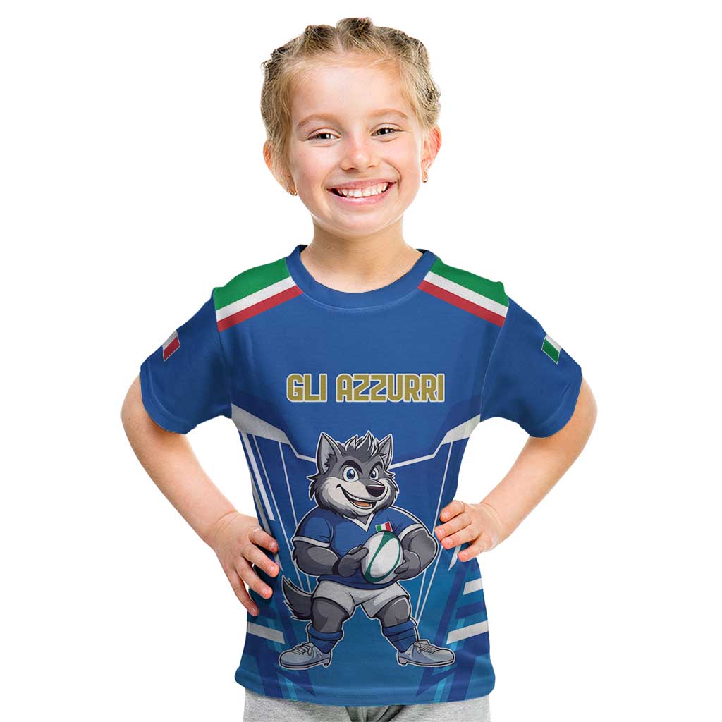 Italy Rugby Custom Kid T Shirt Italian Wolf Mascot Go Gli Azzurri