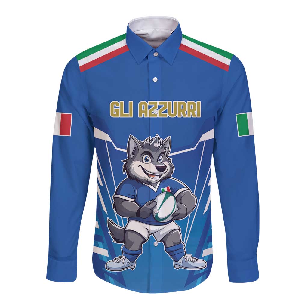 Italy Rugby Custom Long Sleeve Button Shirt Italian Wolf Mascot Go Gli Azzurri