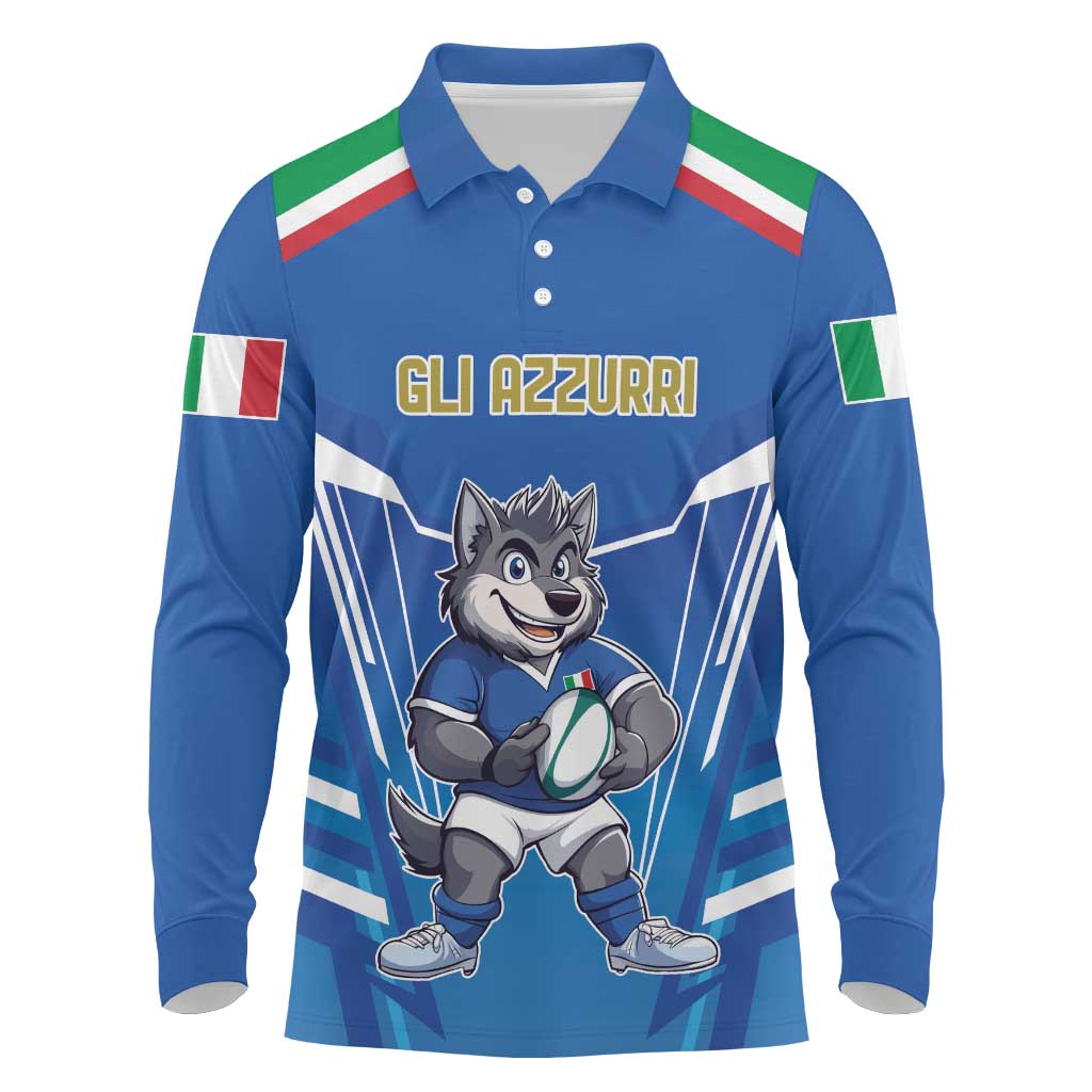 Italy Rugby Custom Long Sleeve Polo Shirt Italian Wolf Mascot Go Gli Azzurri