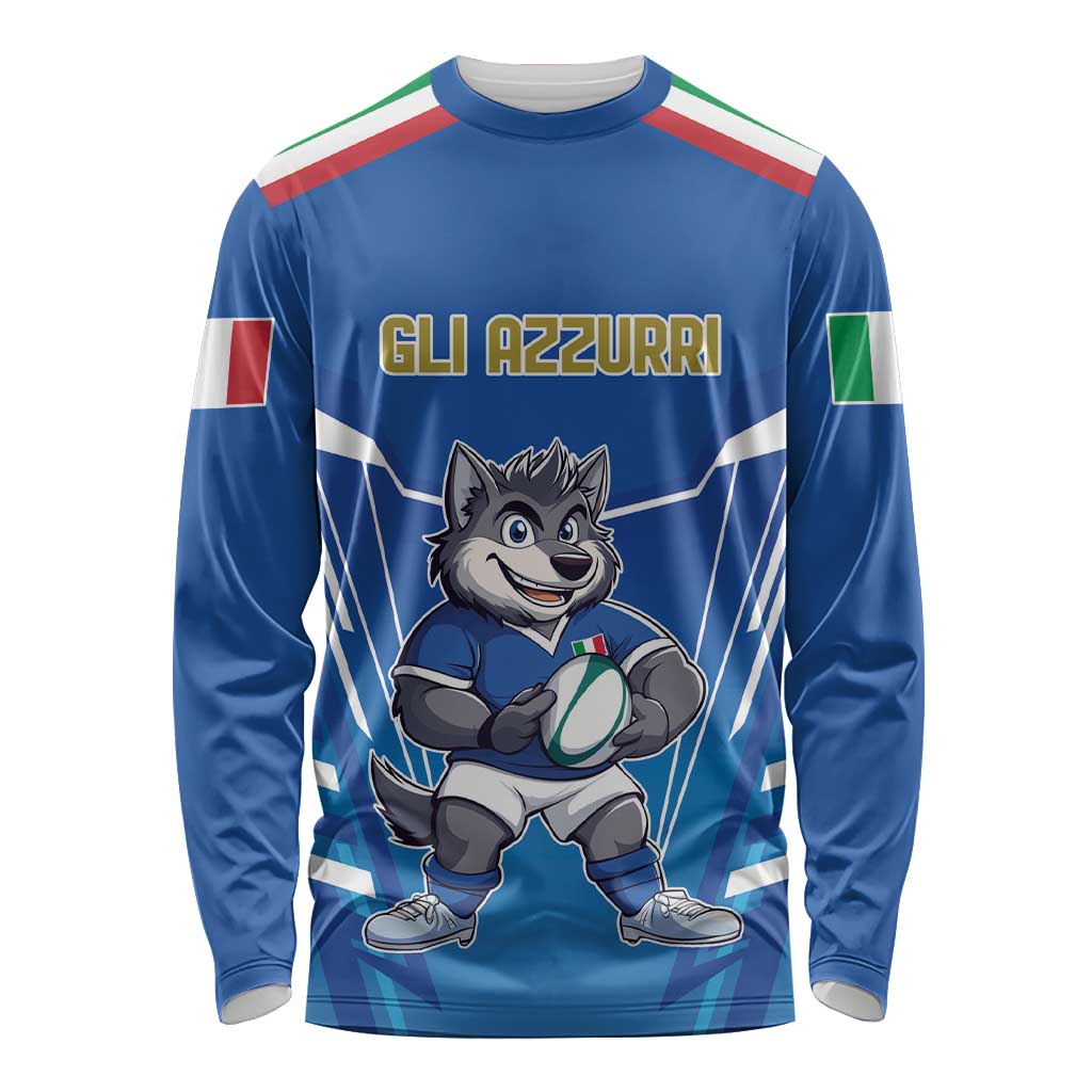 Italy Rugby Custom Long Sleeve Shirt Italian Wolf Mascot Go Gli Azzurri