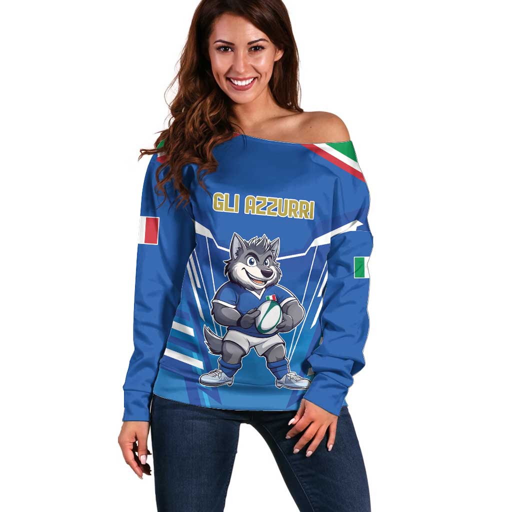 Italy Rugby Custom Off Shoulder Sweater Italian Wolf Mascot Go Gli Azzurri