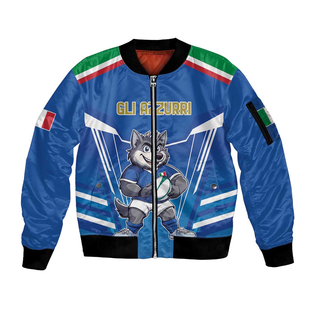 Italy Rugby Custom Sleeve Zip Bomber Jacket Italian Wolf Mascot Go Gli Azzurri